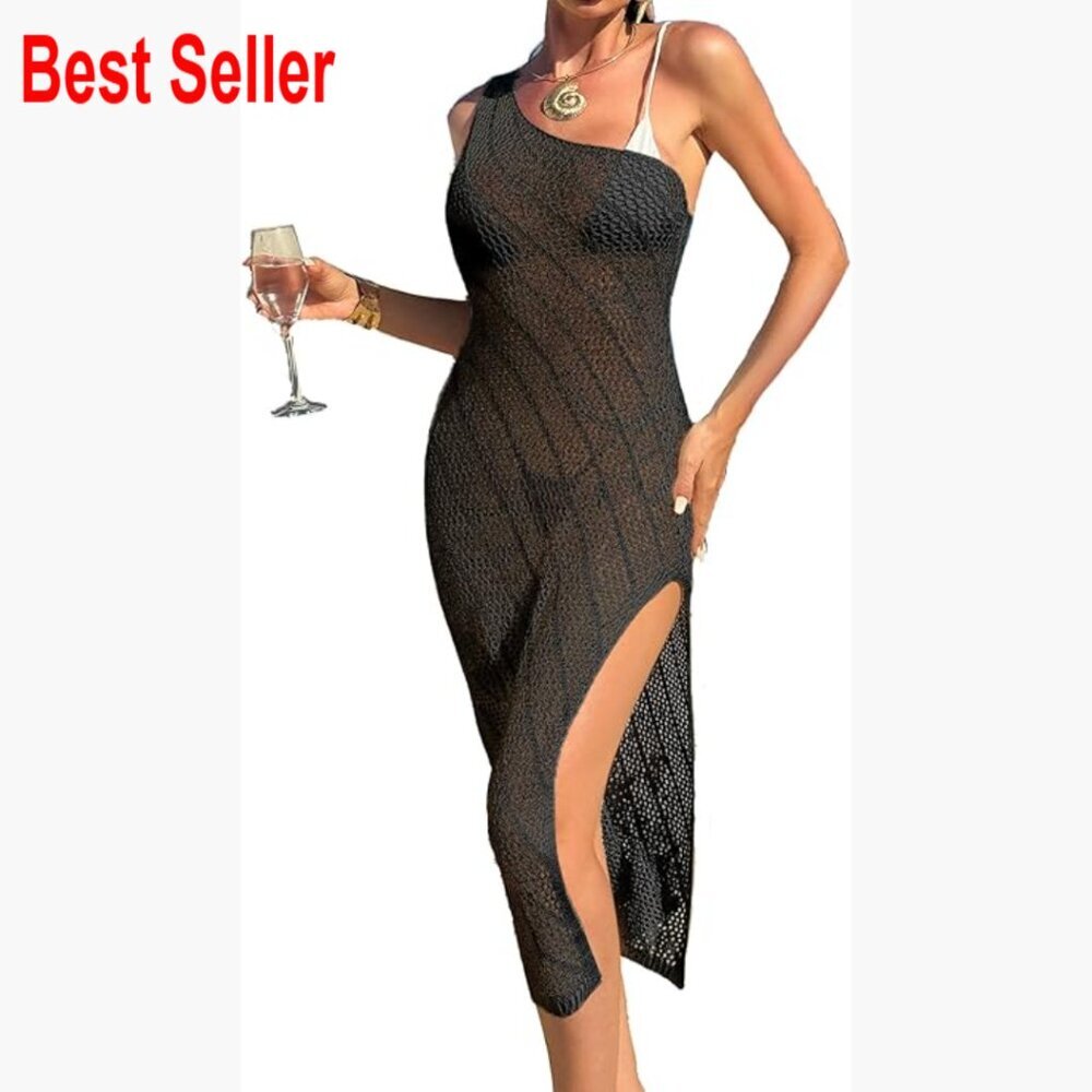 Crochet Knit One Shoulder Midi Dress Swimsuit Cover Up 100% Polyester